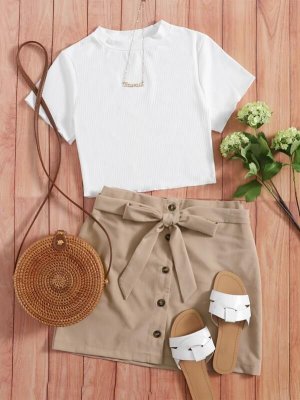 Rib knit Crop Tee With Belted Skirt
