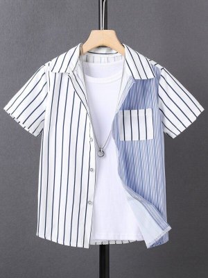 Boys Striped Print Pocket Patched Shirt Without Tee