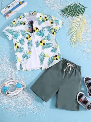 Boys Tropical Print Shirt Knot Waist Shorts Without Tee