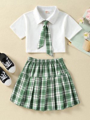 Girls Solid Top Plaid Print Pleated Skirt Tie