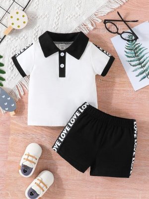 Baby Contrast Letter Tape Polo Shirt Shorts