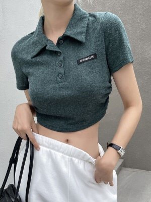 Polo Neck Patched Crop Tee