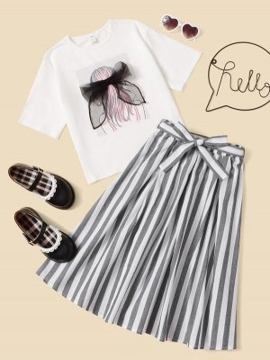 Girls Figure Graphic Bow Detail Tee And Striped Skirt Set