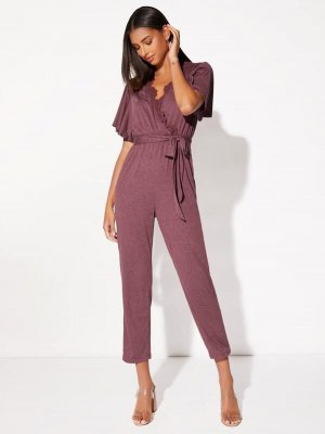 Contrast Guipure Lace Butterfly Sleeve Belted Jumpsuit
