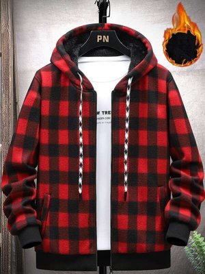 Men Buffalo Plaid Teddy Lined Drawstring Hooded Jacket Without Tee