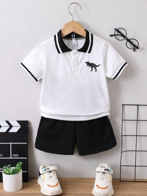 Toddler Boys Dinosaur Print Striped Trim Polo Shirt Shorts
