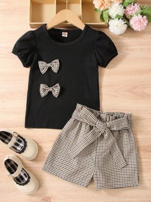 Toddler Girls Bow Front Puff Sleeve Tee With Plaid Belted Shorts