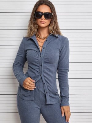 Solid Ruched Button Front Top