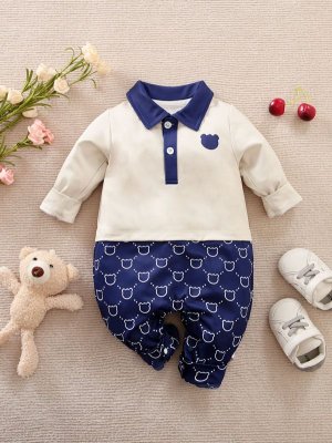 Yierying Baby Bear Print Contrast Polo Neck Jumpsuit