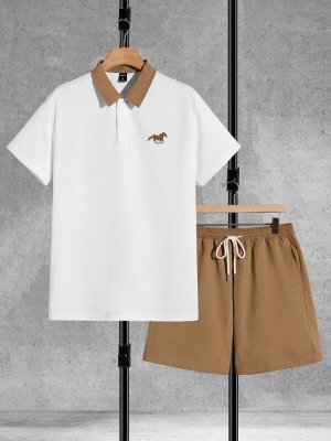Men Horse Print Polo Shirt Drawstring Waist Shorts