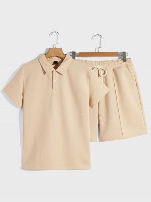 Men Solid Polo Shirt Drawstring Waist Shorts