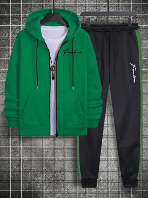 Men Letter Graphic Zip Up Drawstring Hoodie Sweatpants Without Tee