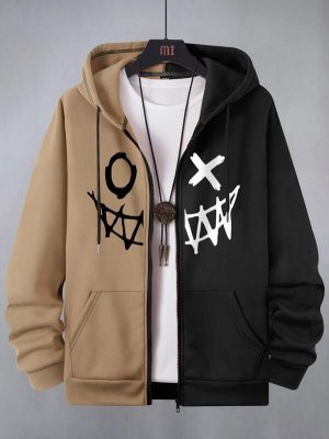 Guys Cartoon Graphic Zip Up Two Tone Drawstring Hoodie Without Tee