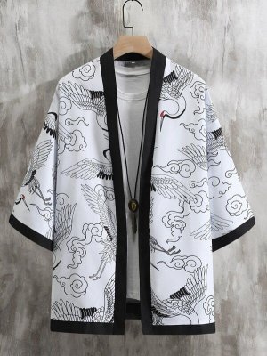 Men Crane Print Contrast Binding Kimono Without Tee